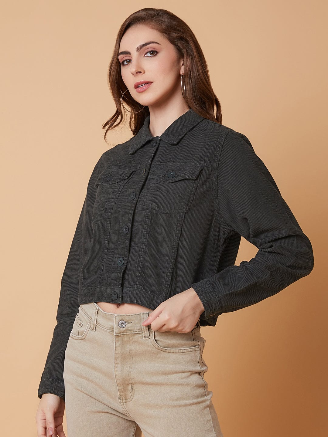 Women's Olive Striped Corduroy Windcheater Longline Tailored Jacket with Patchwork