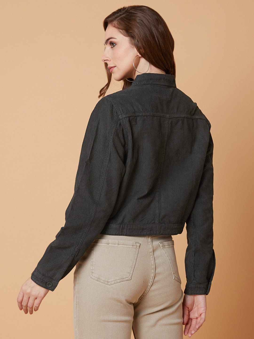 Women's Olive Striped Corduroy Windcheater Longline Tailored Jacket with Patchwork