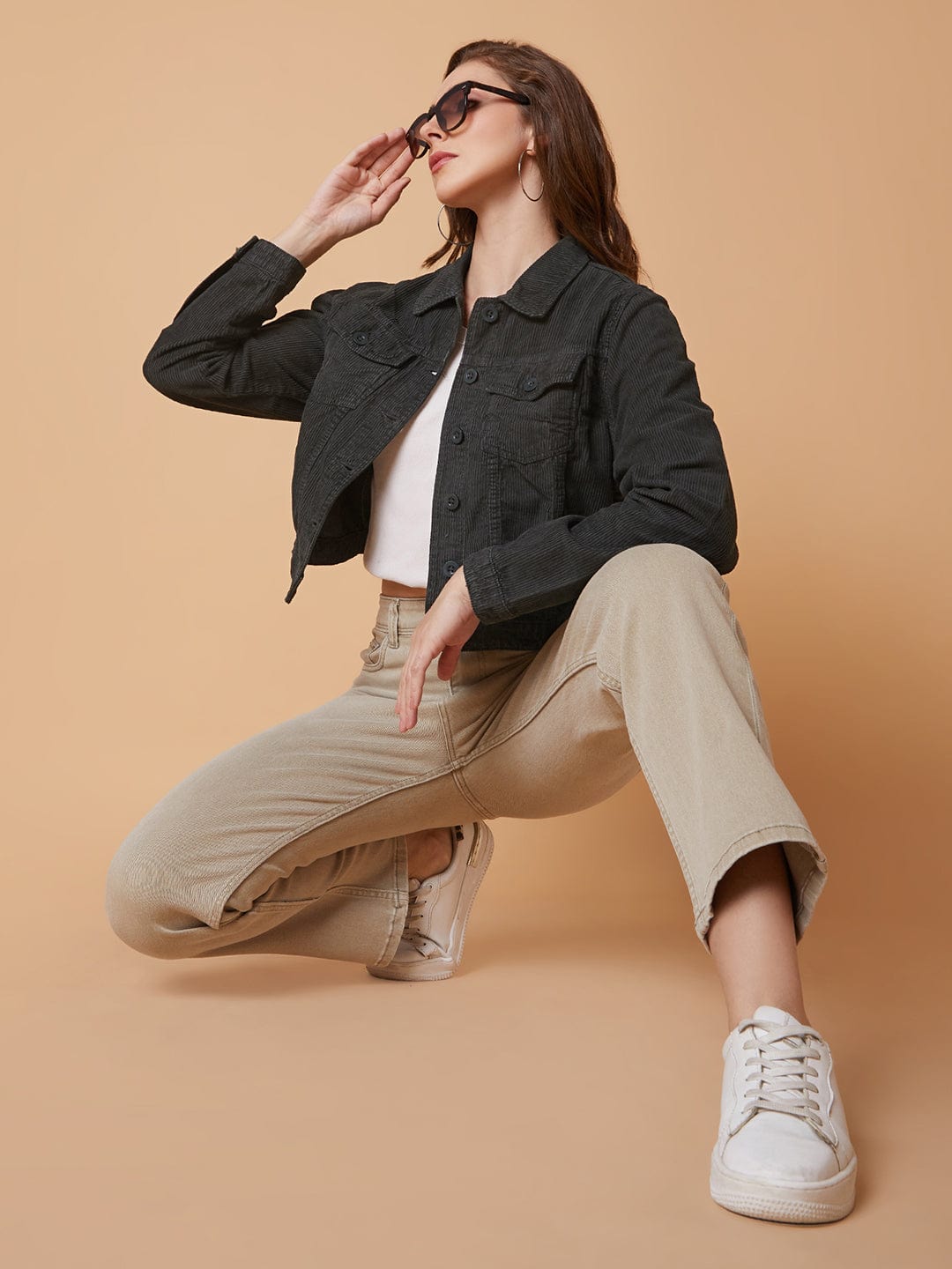 Women's Olive Striped Corduroy Windcheater Longline Tailored Jacket with Patchwork