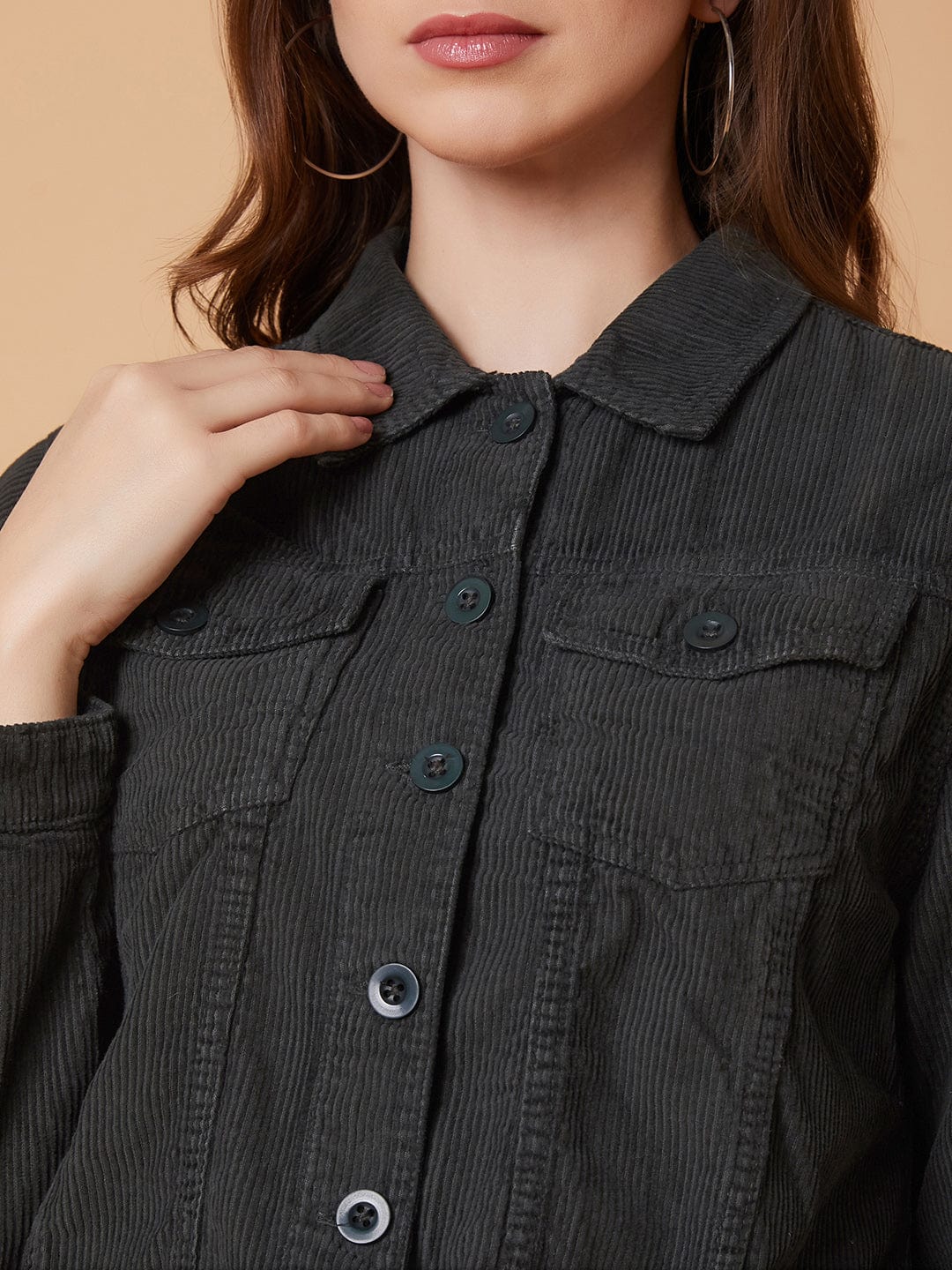 Women's Olive Striped Corduroy Windcheater Longline Tailored Jacket with Patchwork