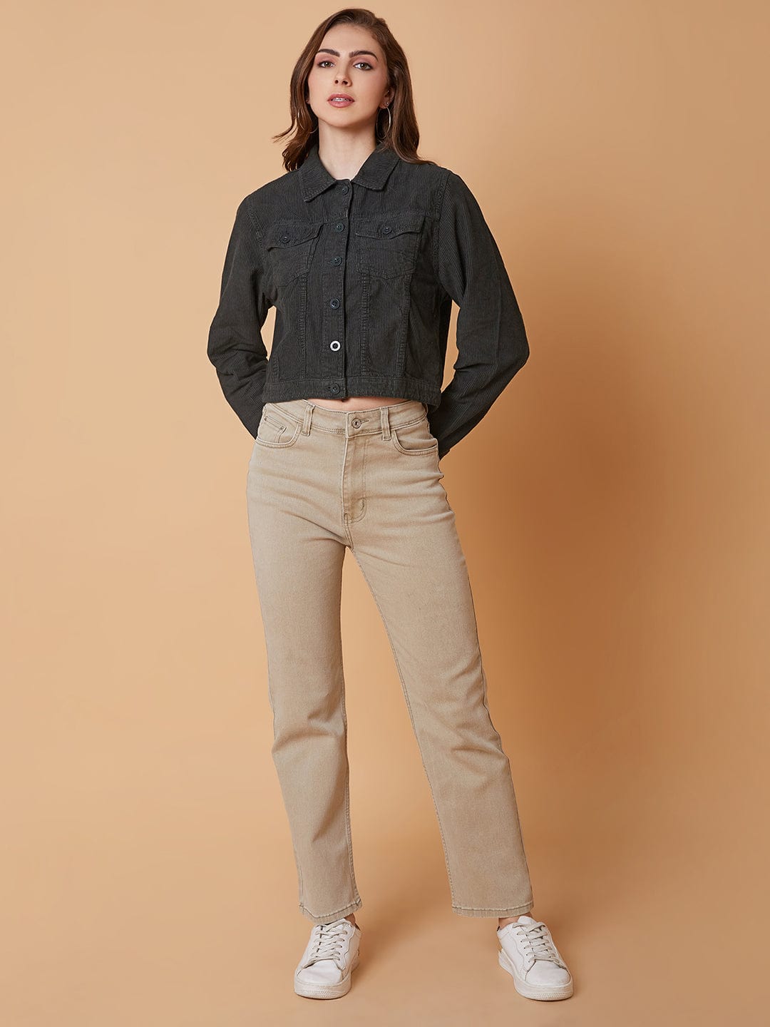 Women's Olive Striped Corduroy Windcheater Longline Tailored Jacket with Patchwork