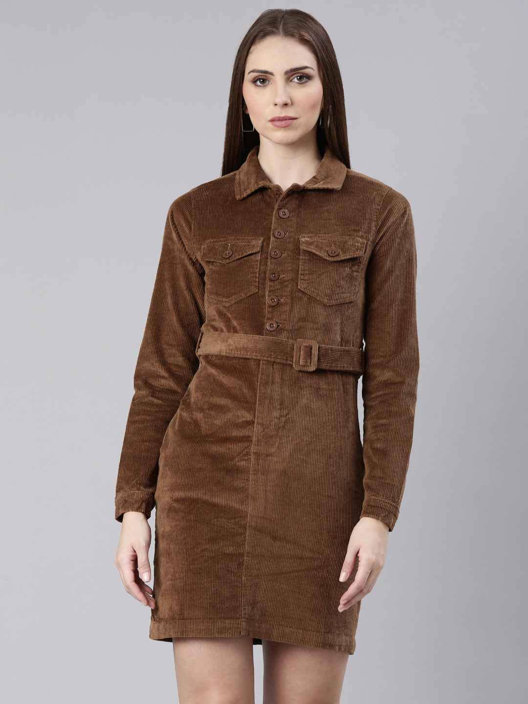 Women Khaki Solid Shirt Dress