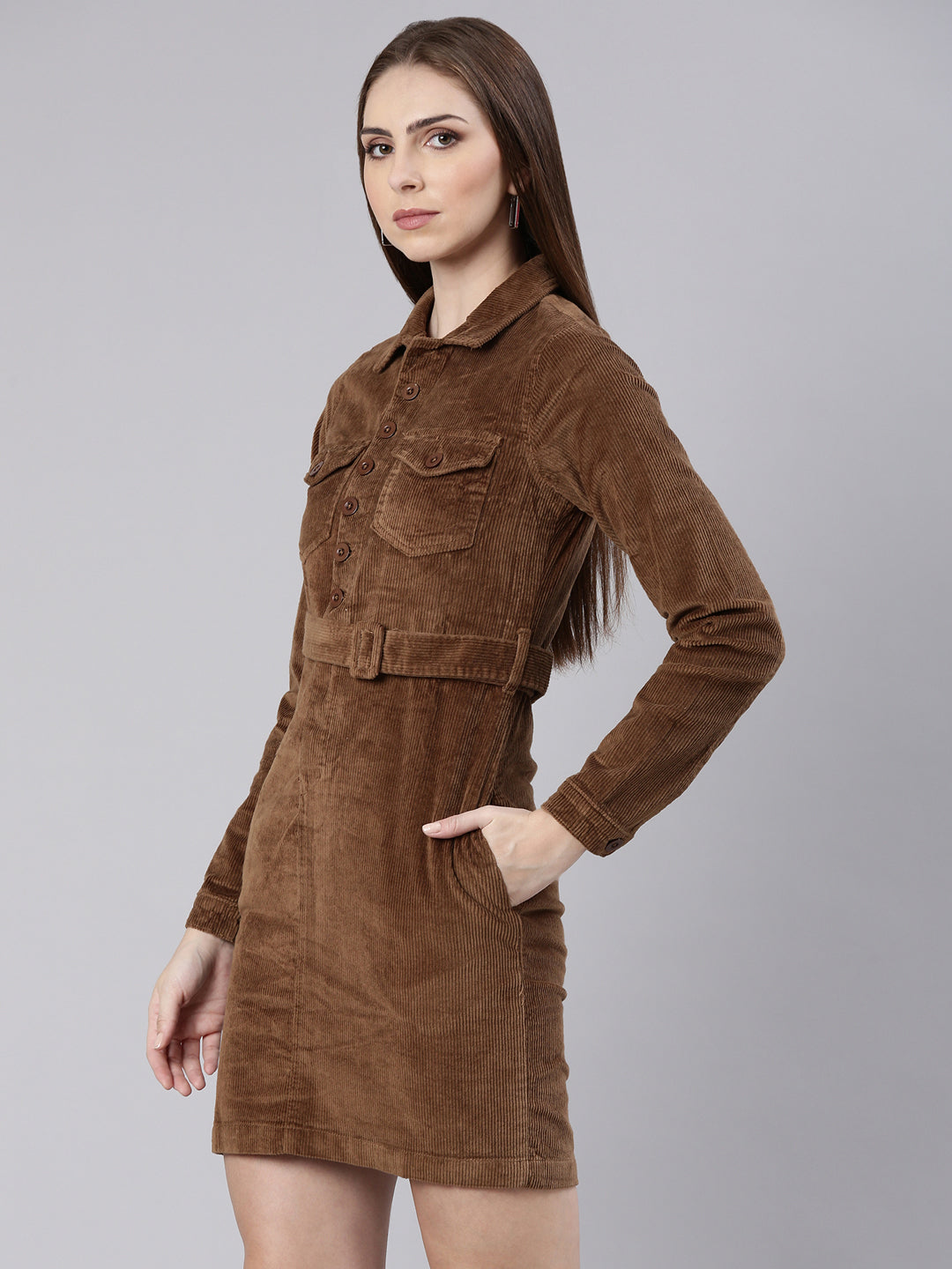 Women Khaki Solid Shirt Dress