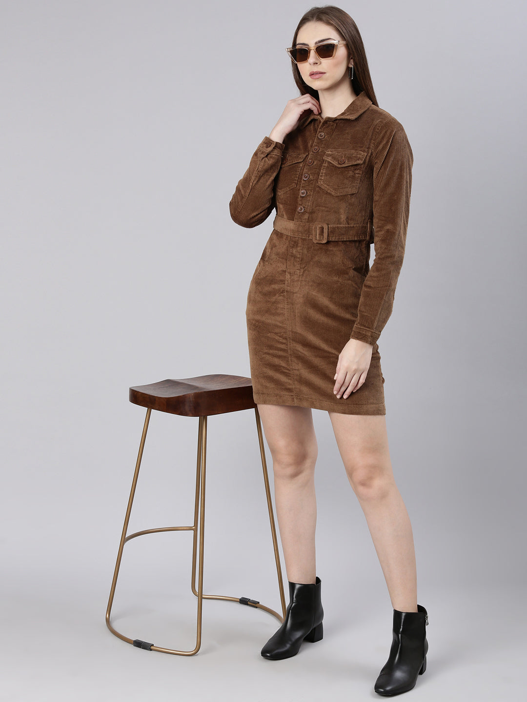 Women Khaki Solid Shirt Dress