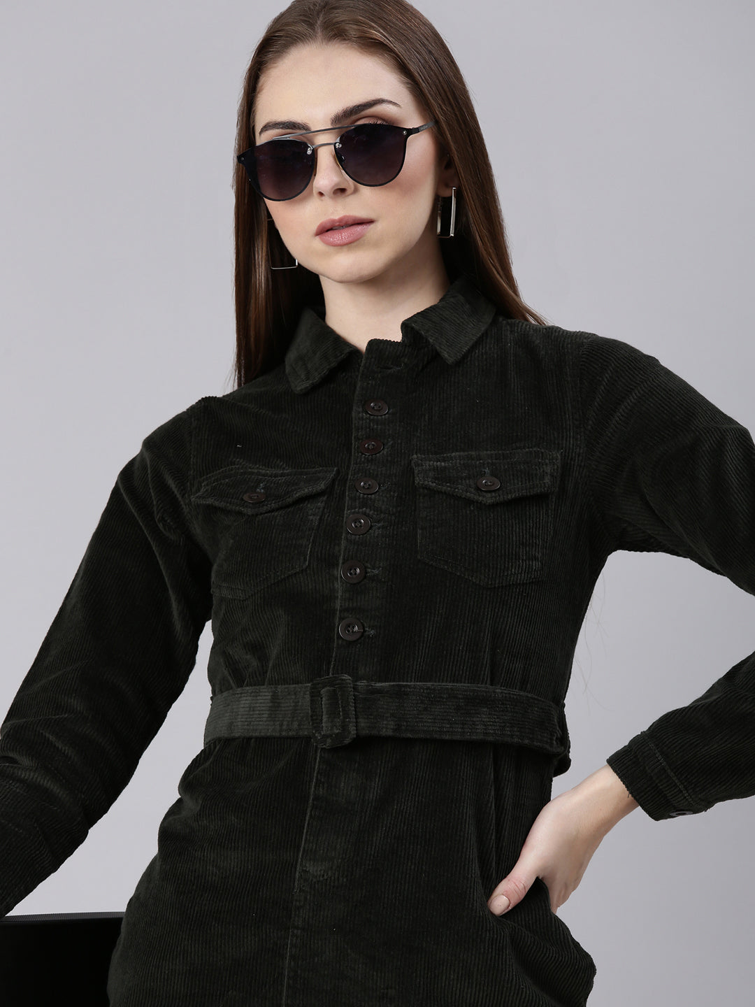 Women Olive Solid Shirt Dress