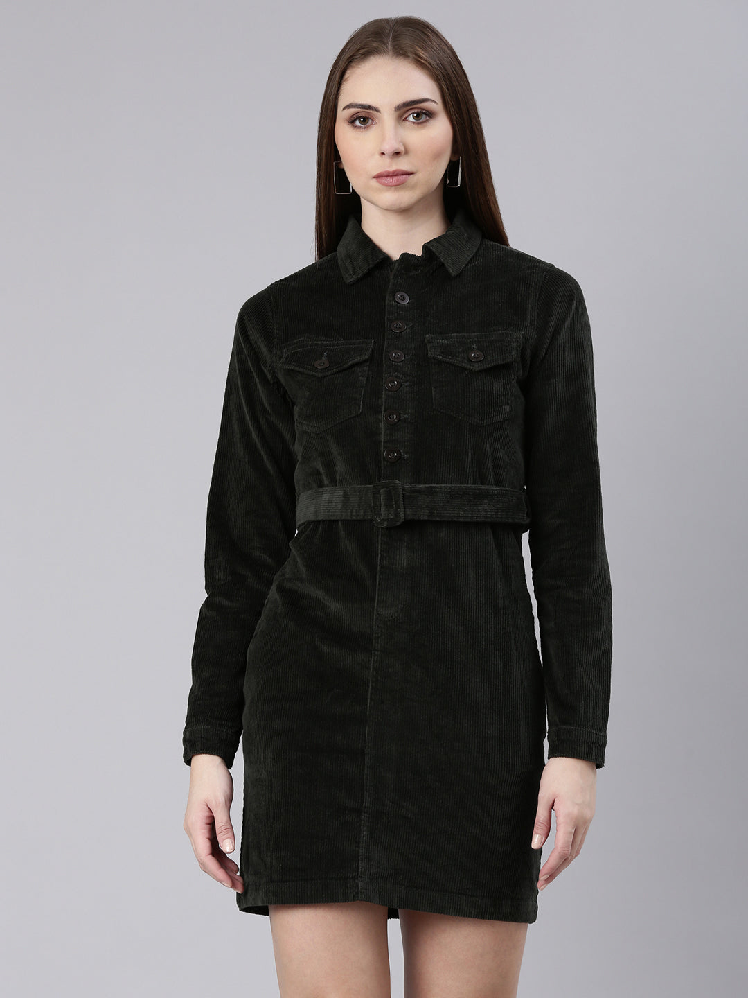 Women Olive Solid Shirt Dress