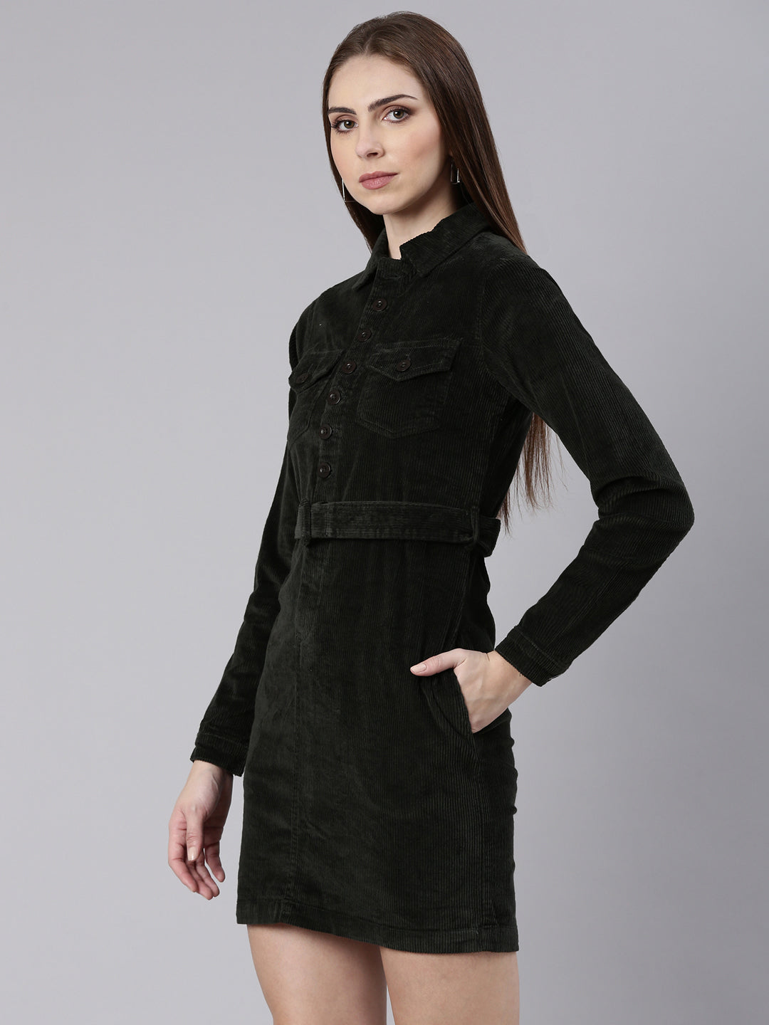 Women Olive Solid Shirt Dress