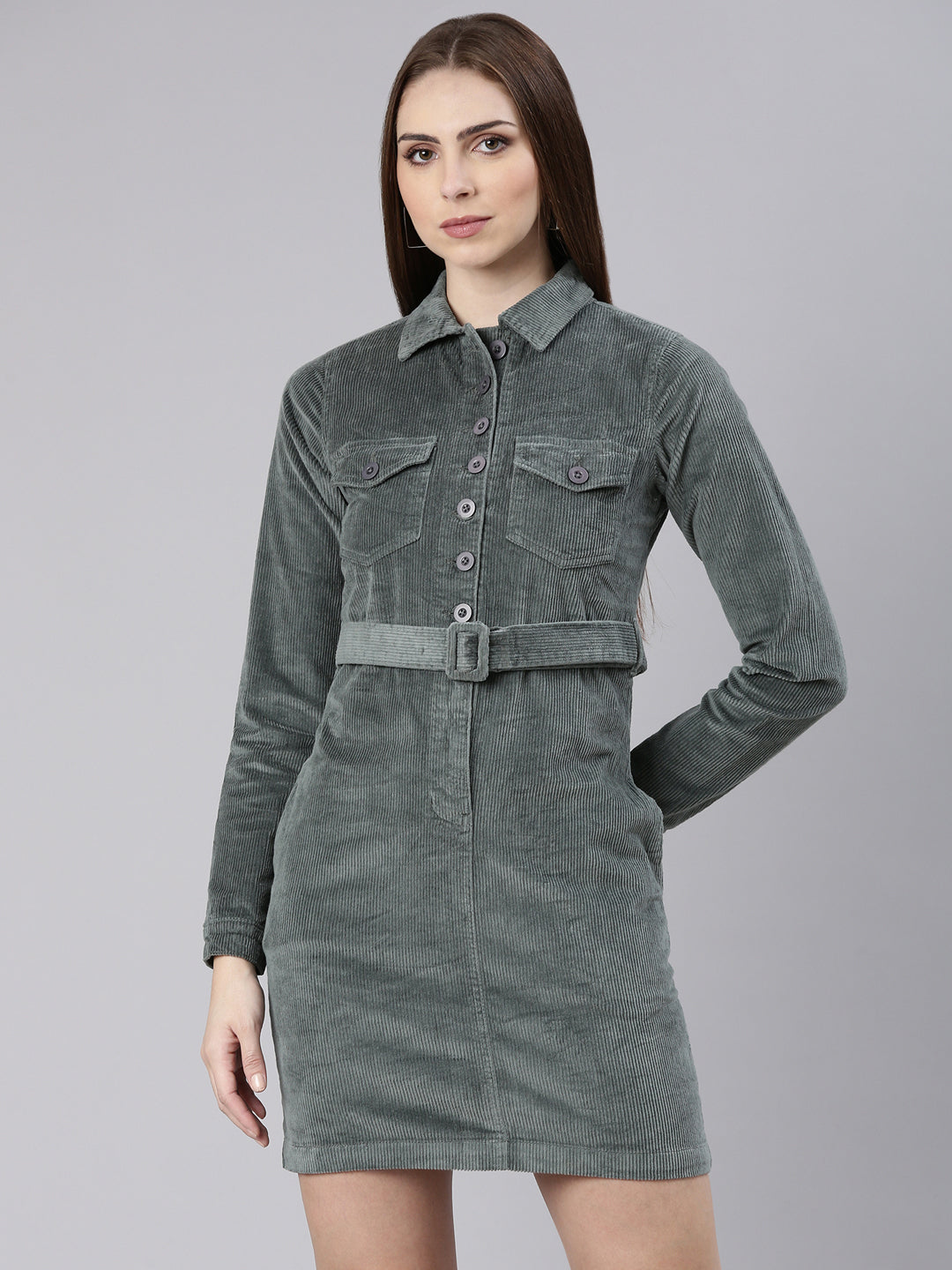 Women Sea Green Solid Shirt Dress