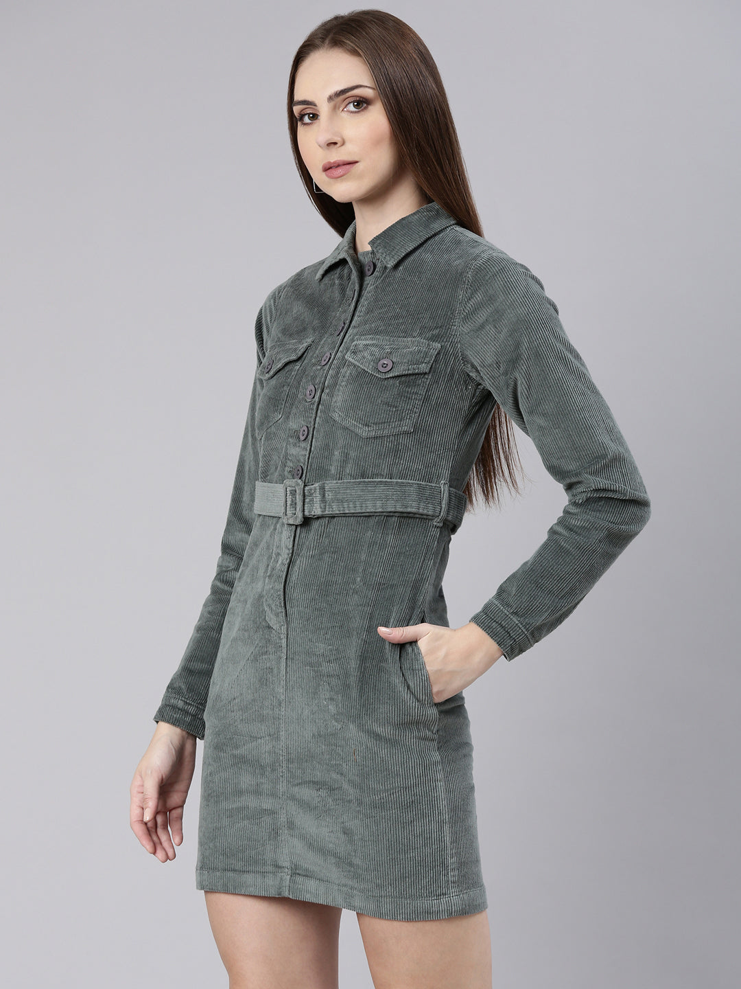 Women Sea Green Solid Shirt Dress