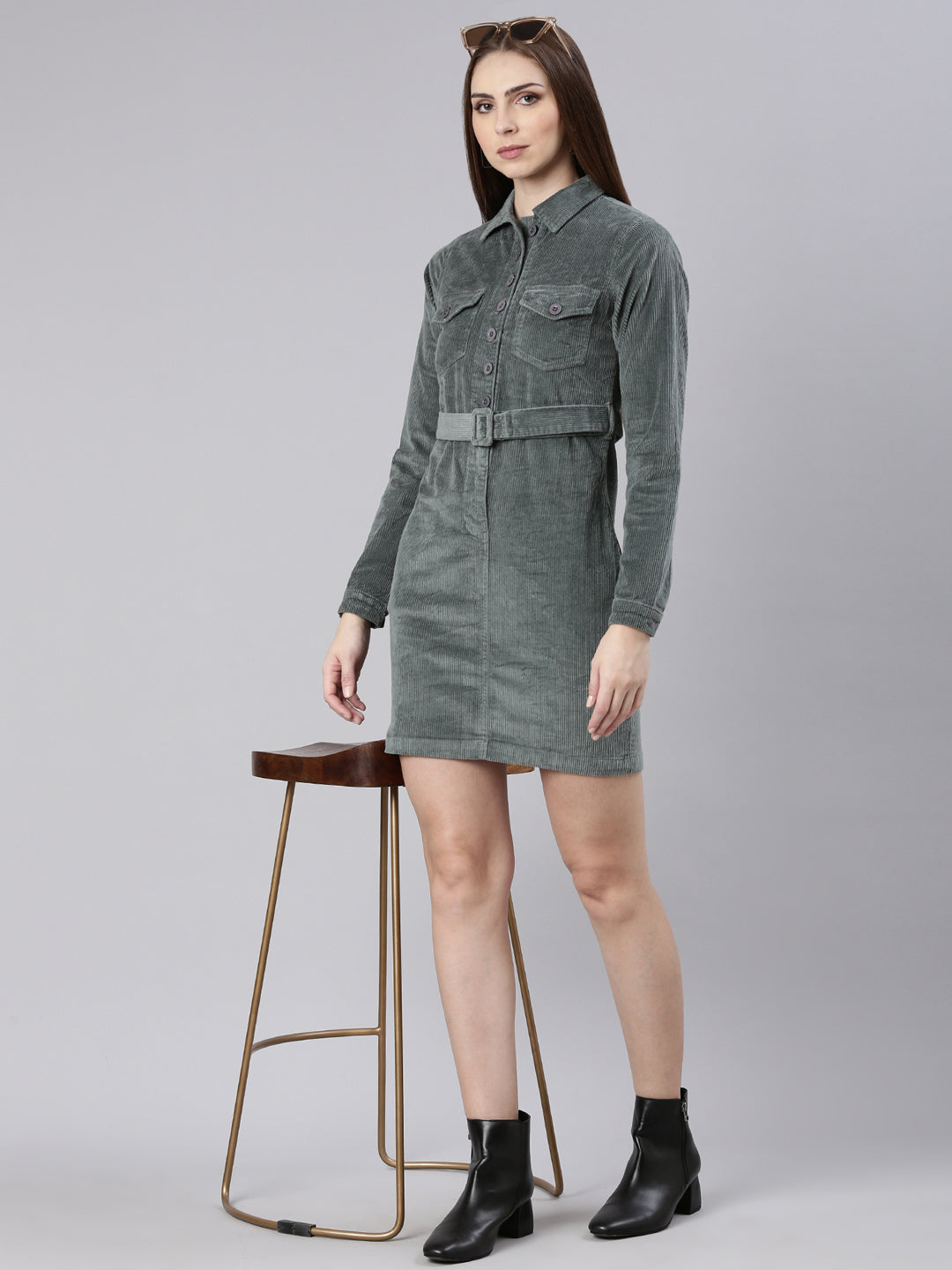 Women Sea Green Solid Shirt Dress