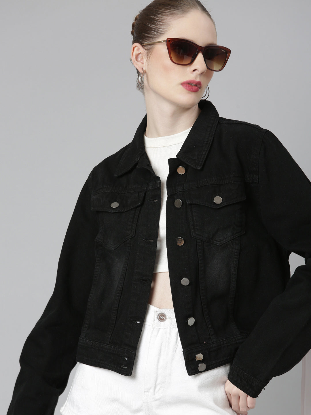 Women Black Solid Denim Jacket