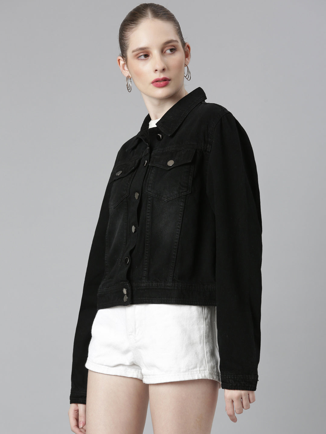 Women Black Solid Denim Jacket