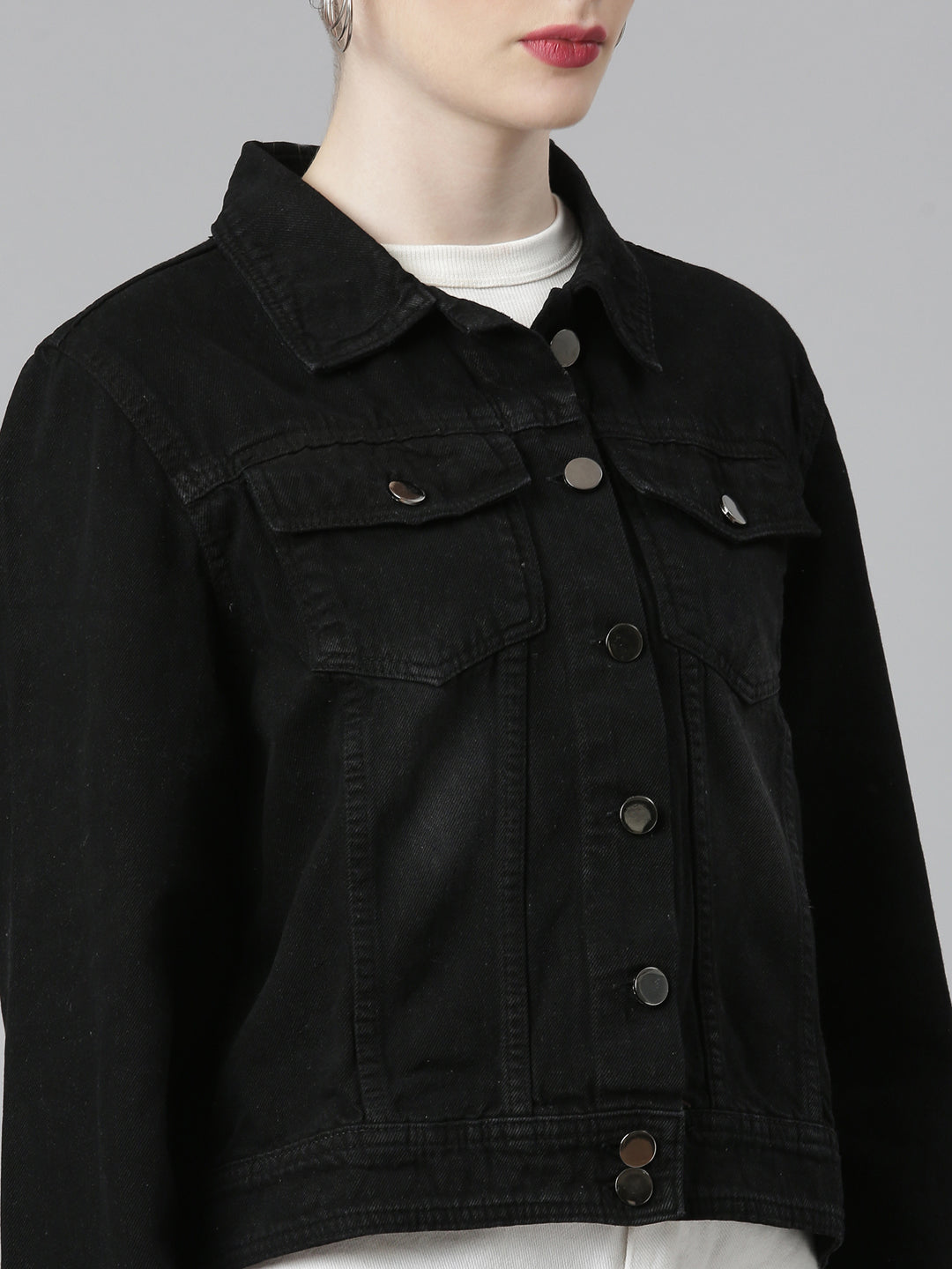 Women Black Solid Denim Jacket