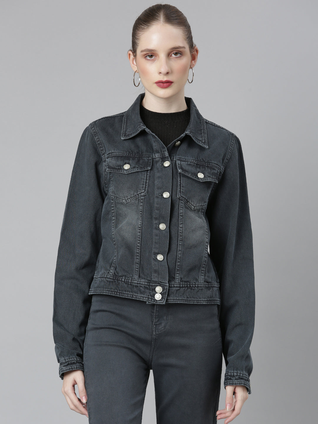 Women's Grey Spread Collar Crop Denim Jacket - Main Image