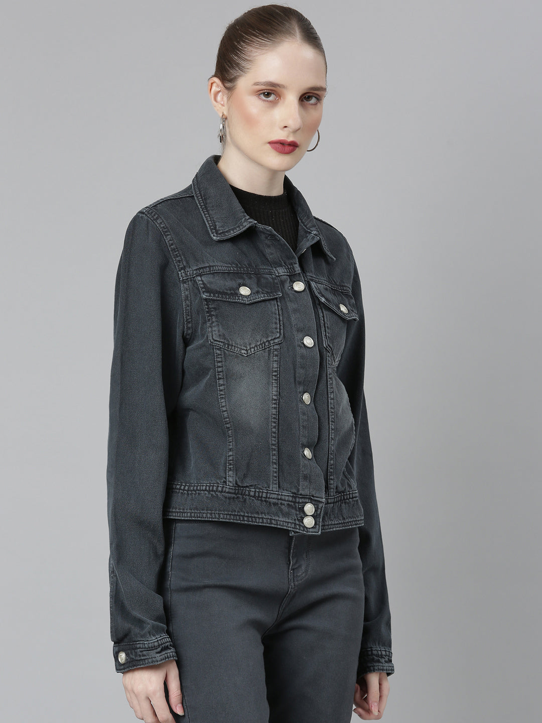 Women Grey Solid Denim Jacket