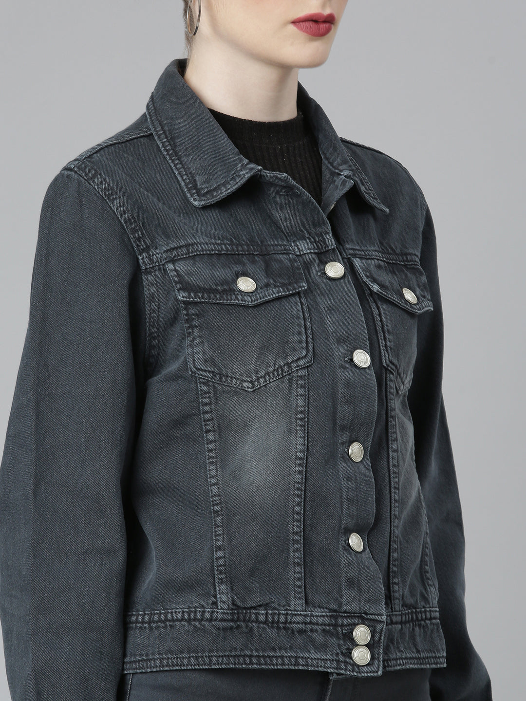 Women Grey Solid Denim Jacket