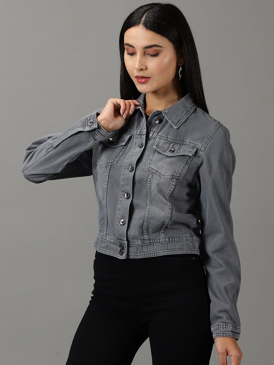 Women's Light Grey Spread Collar Regular Denim Jacket