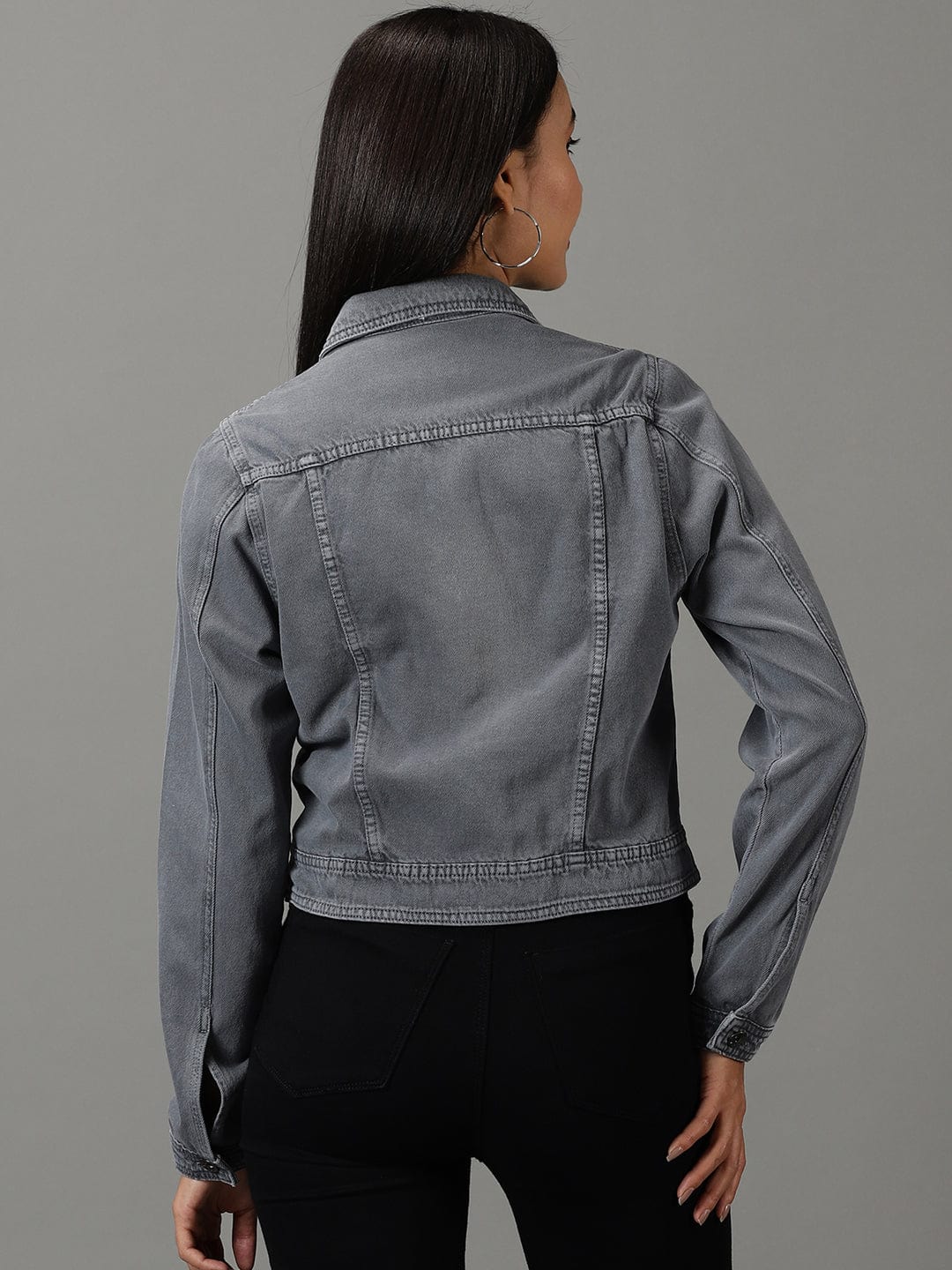 Women's Light Grey Spread Collar Regular Denim Jacket