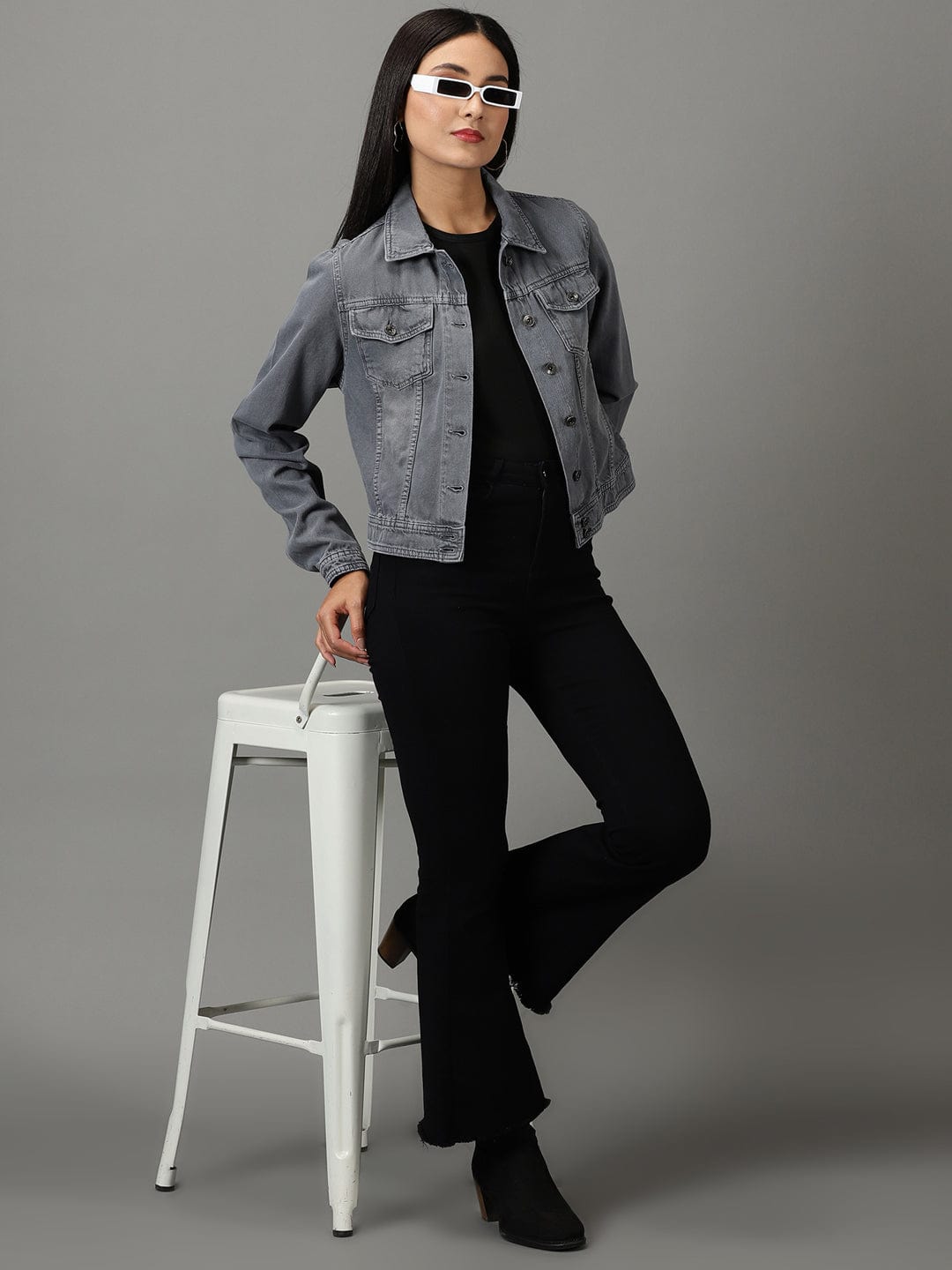 Women's Light Grey Spread Collar Regular Denim Jacket
