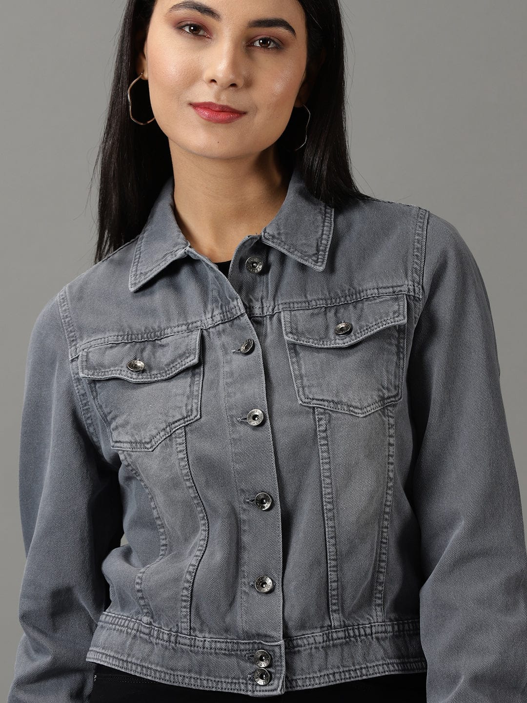 Women's Light Grey Spread Collar Regular Denim Jacket