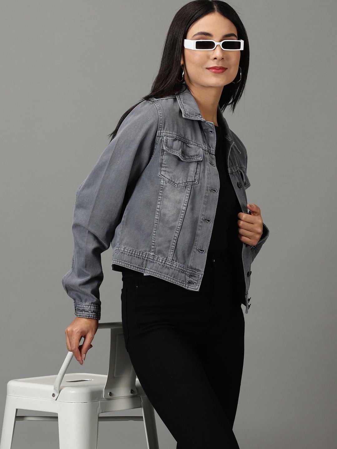 Women's Light Grey Spread Collar Regular Denim Jacket
