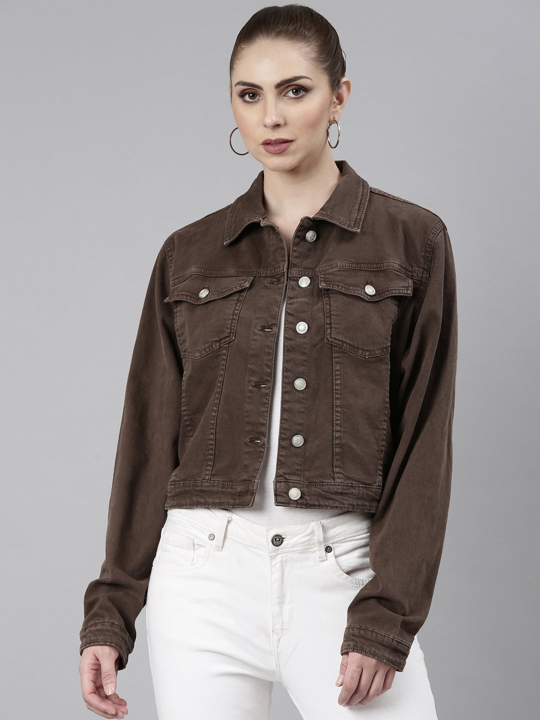 Women Coffee Brown Solid Denim Jacket