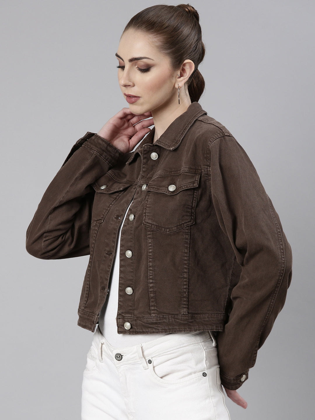 Women Coffee Brown Solid Denim Jacket