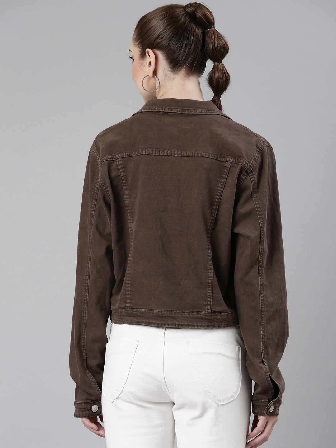 Women Coffee Brown Solid Denim Jacket