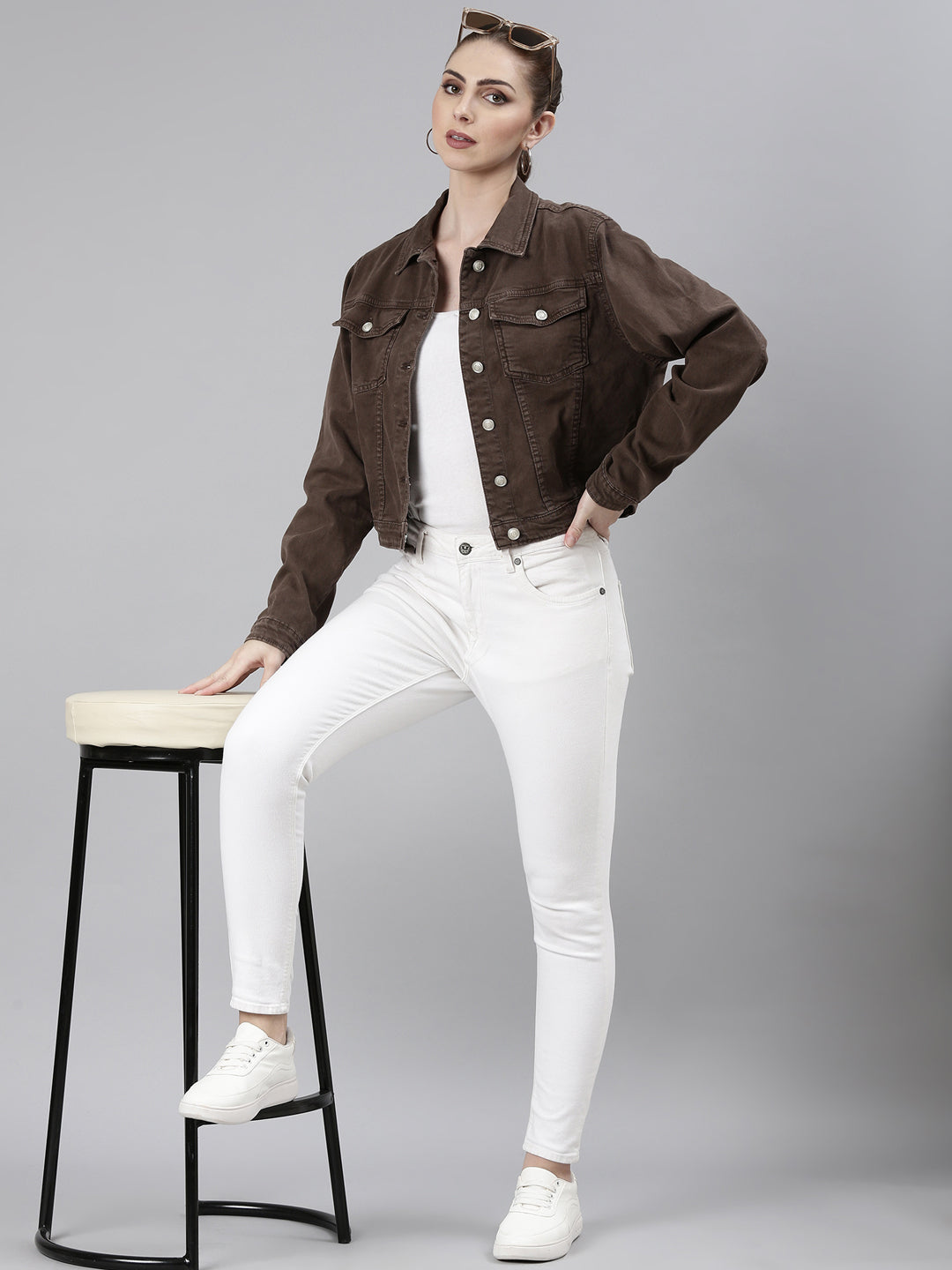 Women Coffee Brown Solid Denim Jacket