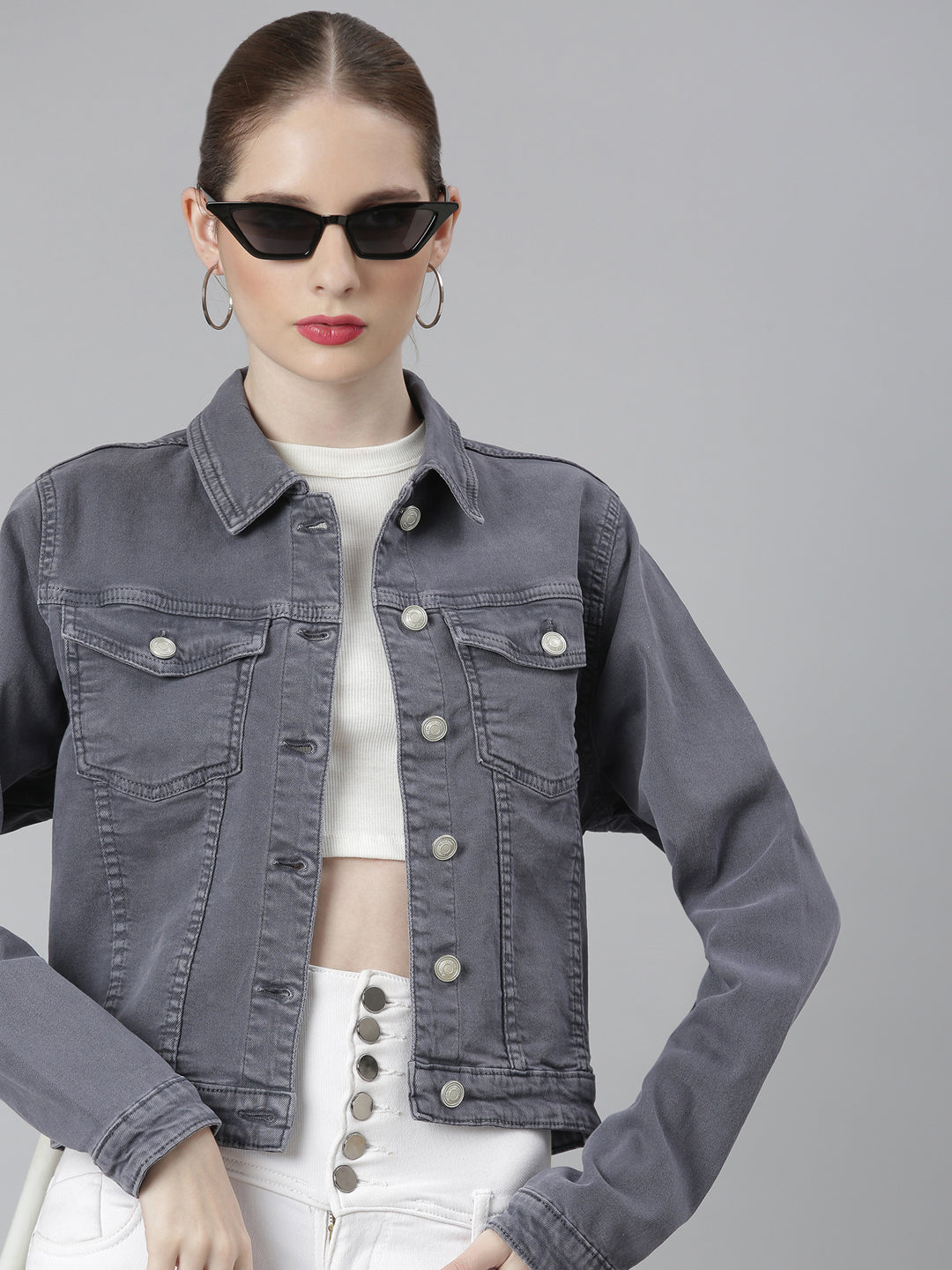 Women Grey Solid Denim Jacket