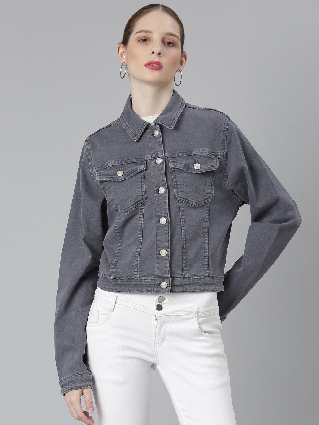 Women Grey Solid Denim Jacket