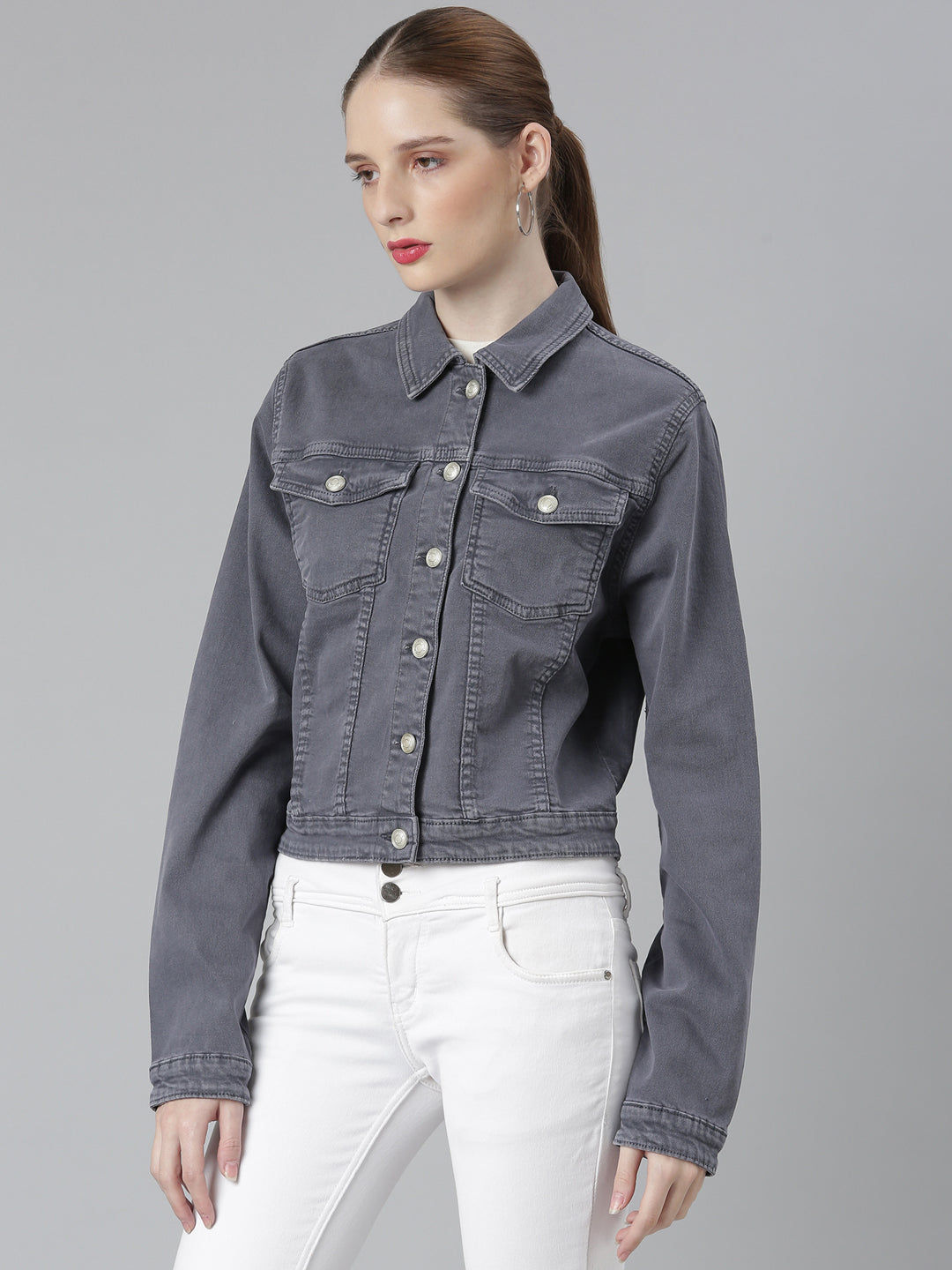 Women Grey Solid Denim Jacket