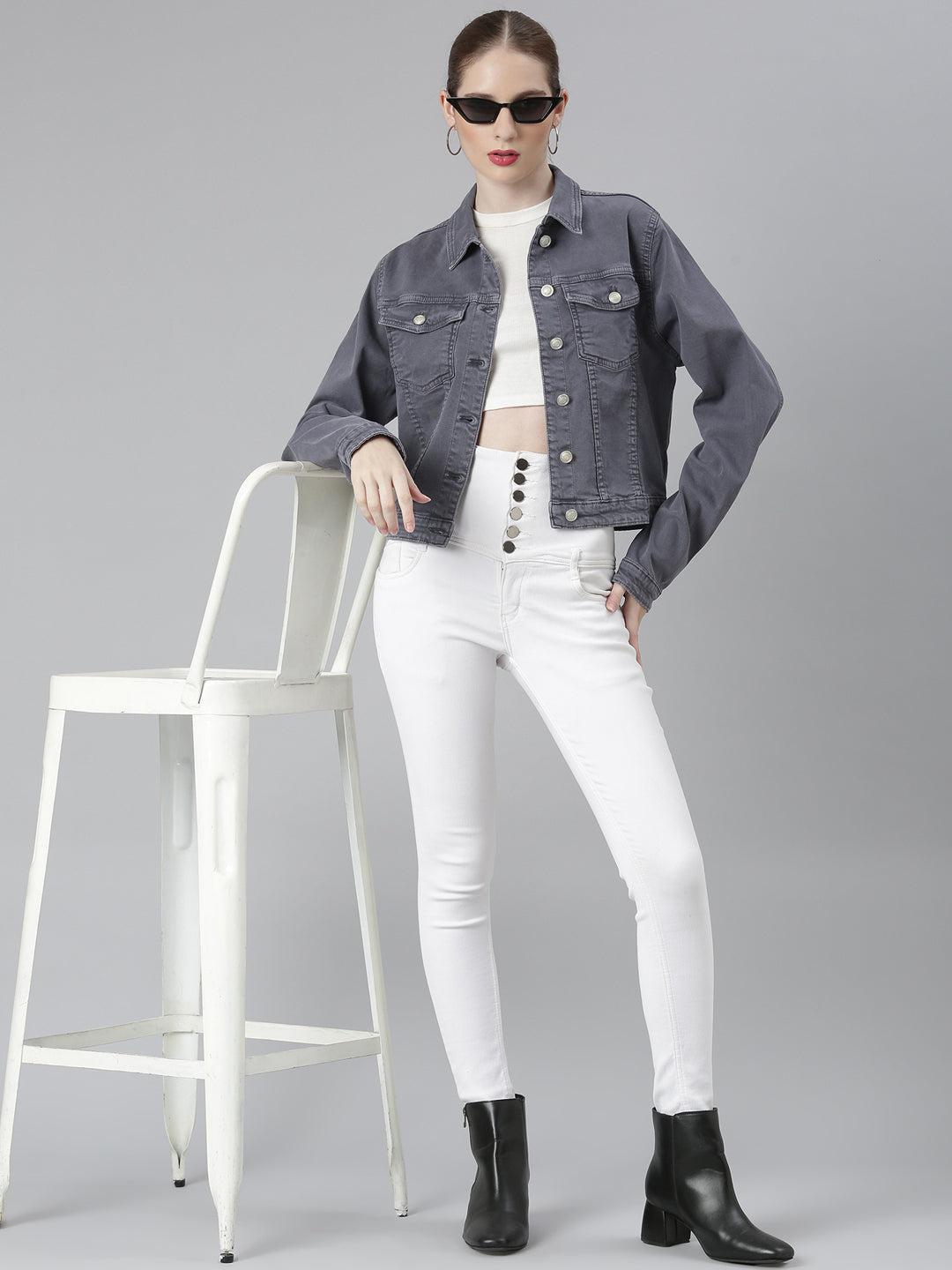 Women Grey Solid Denim Jacket