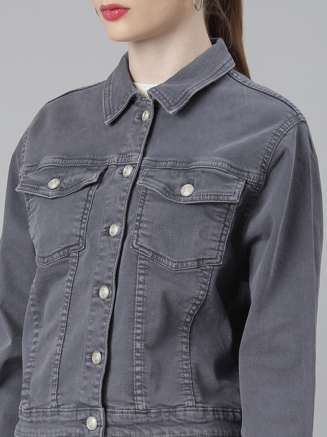 Women Grey Solid Denim Jacket