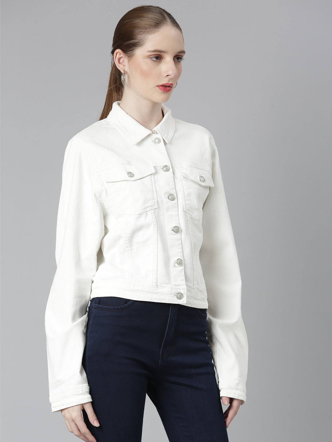 Women White Solid Denim Jacket