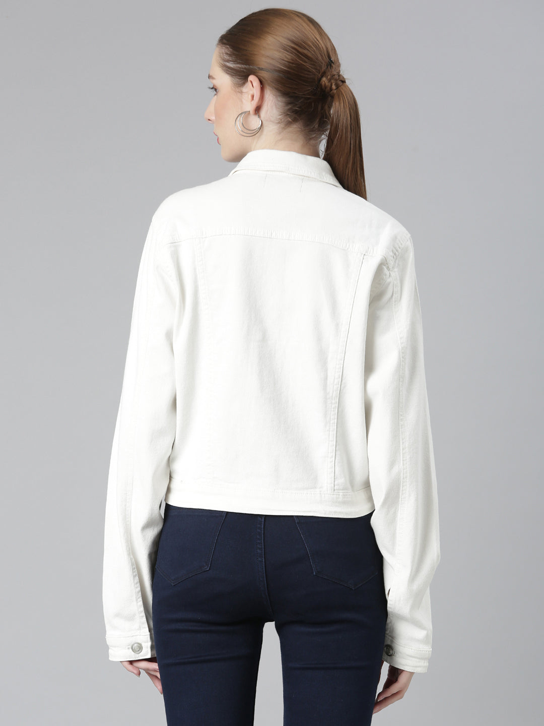 Women White Solid Denim Jacket