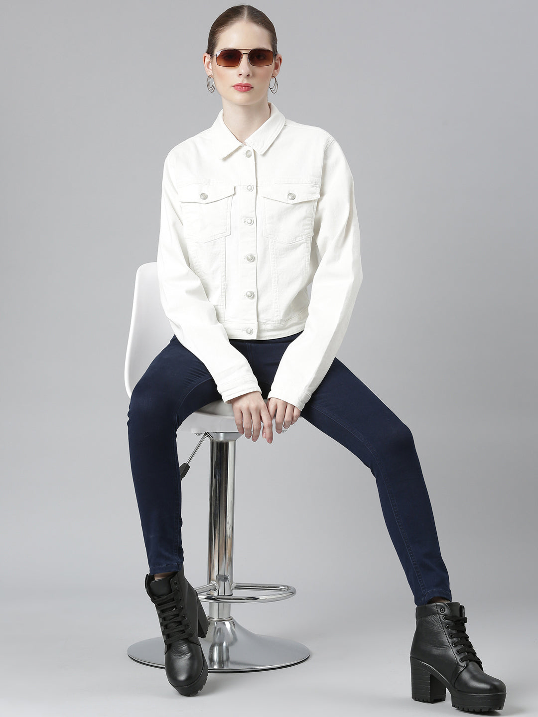 Women White Solid Denim Jacket