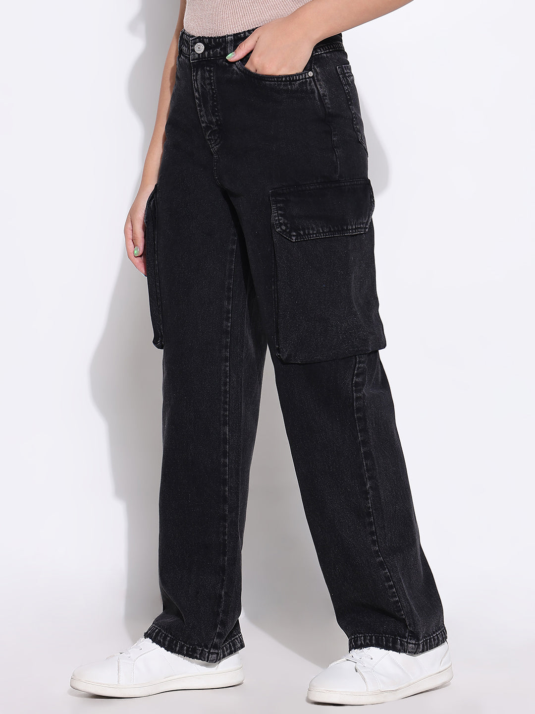 Women Solid Black Wide Leg Jeans