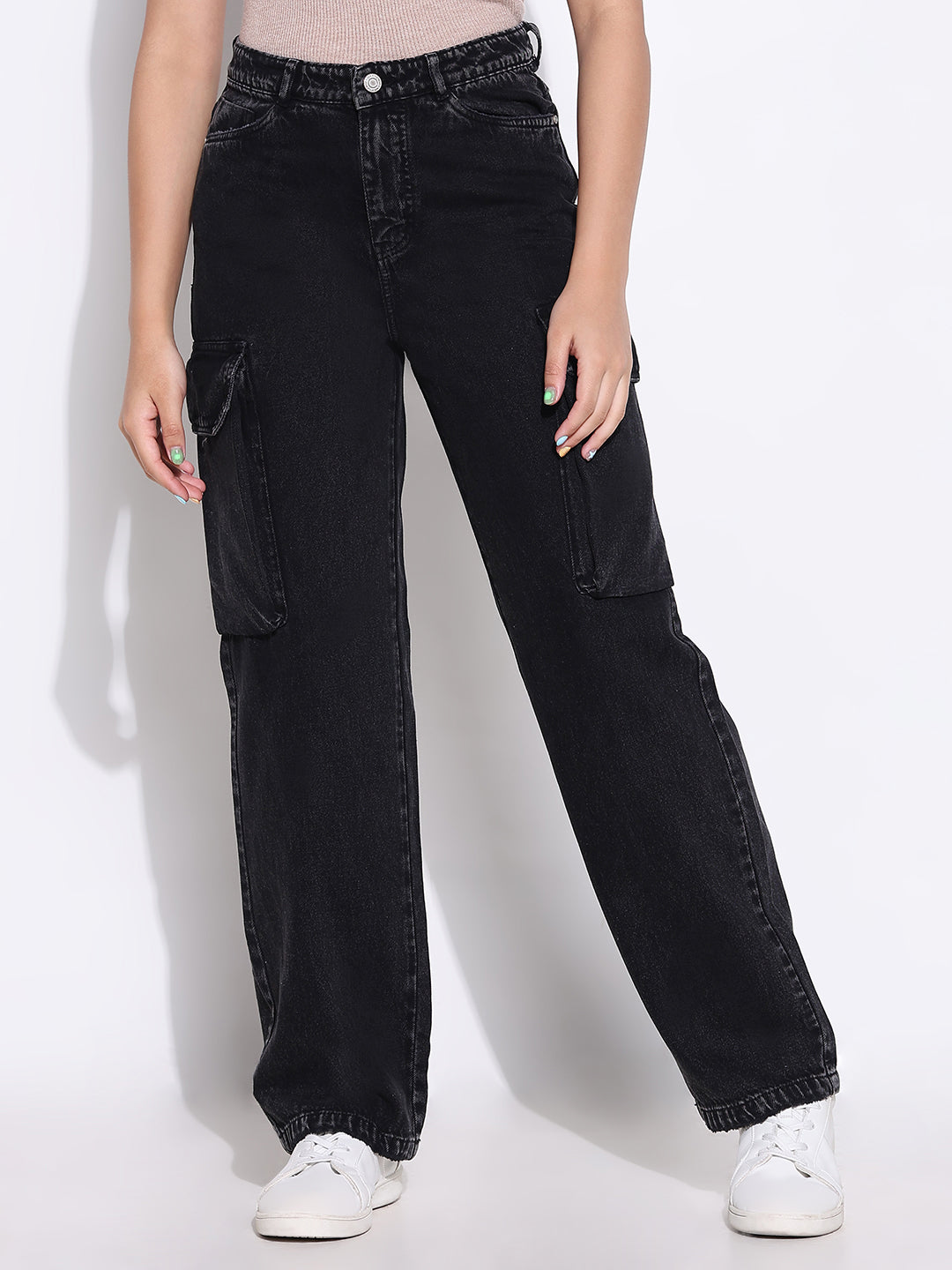 Women Solid Black Wide Leg Jeans