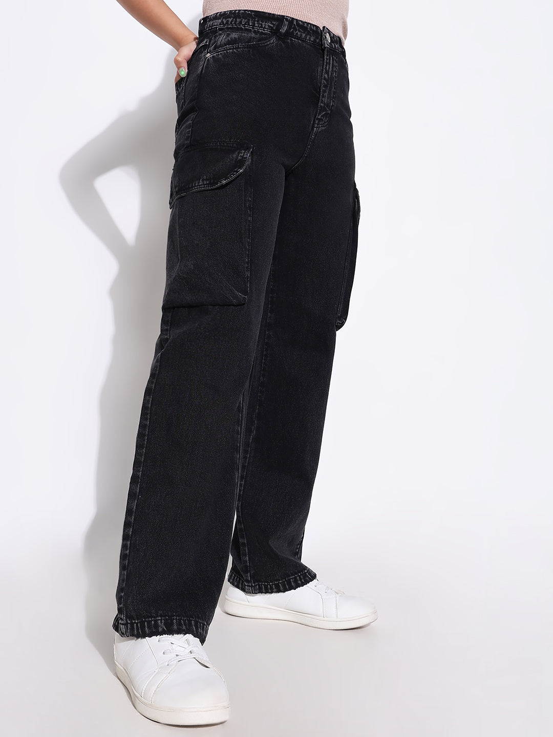 Women Solid Black Wide Leg Jeans