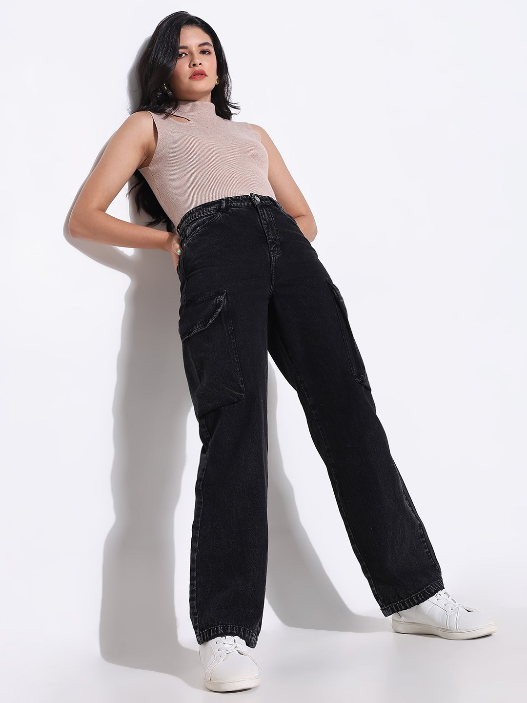 Women Solid Black Wide Leg Jeans