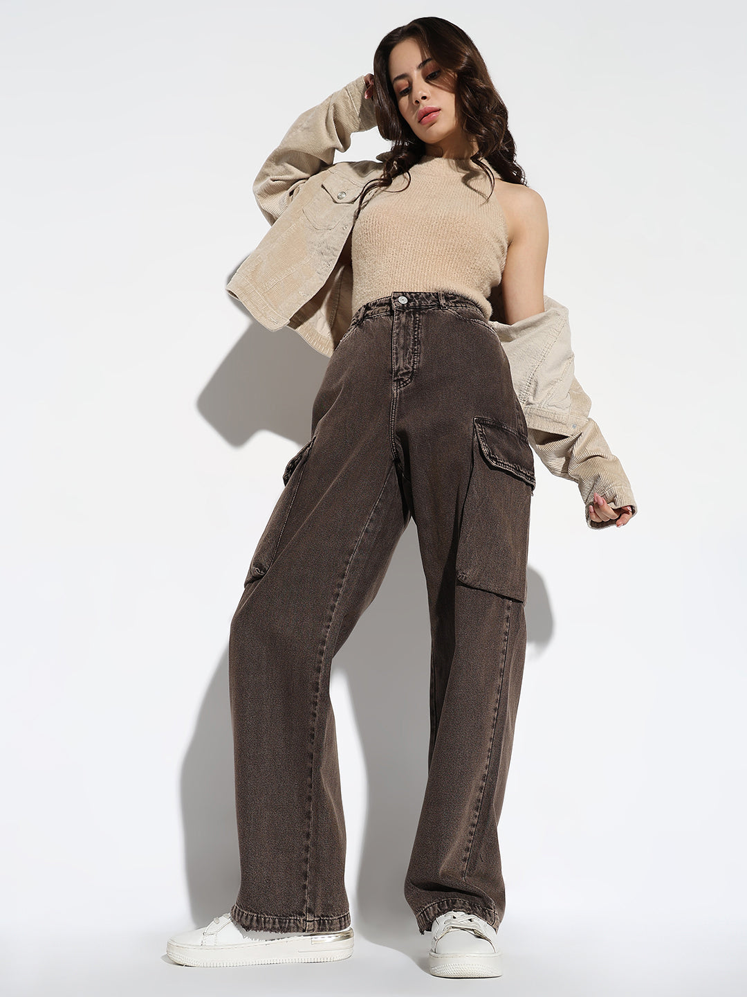 Women Brown Wide Leg Cargo Jeans