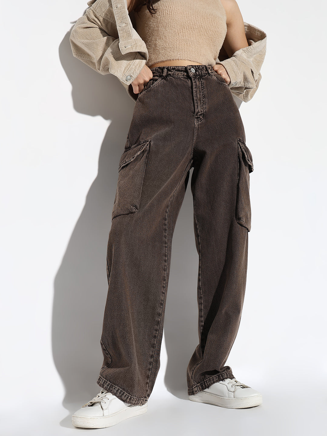 Women Brown Wide Leg Cargo Jeans