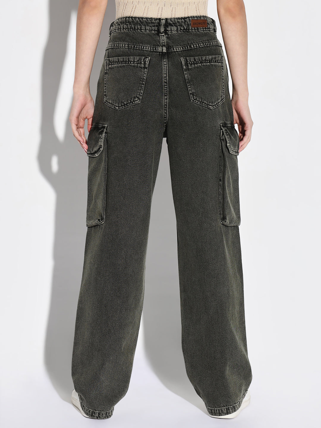 Women Olive Wide Leg Cargo Jeans