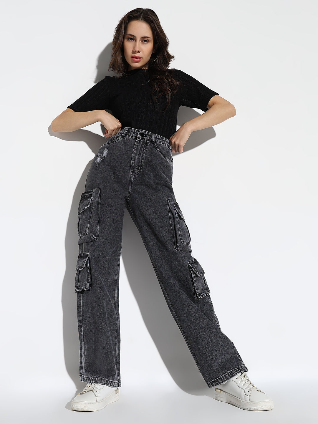 Women Grey Straight Fit Cargo Jeans