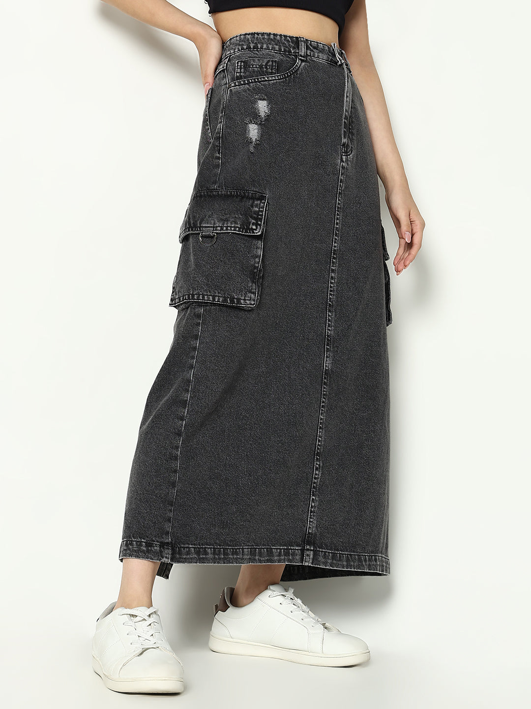 Women Solid Grey Straight Denim Skirt