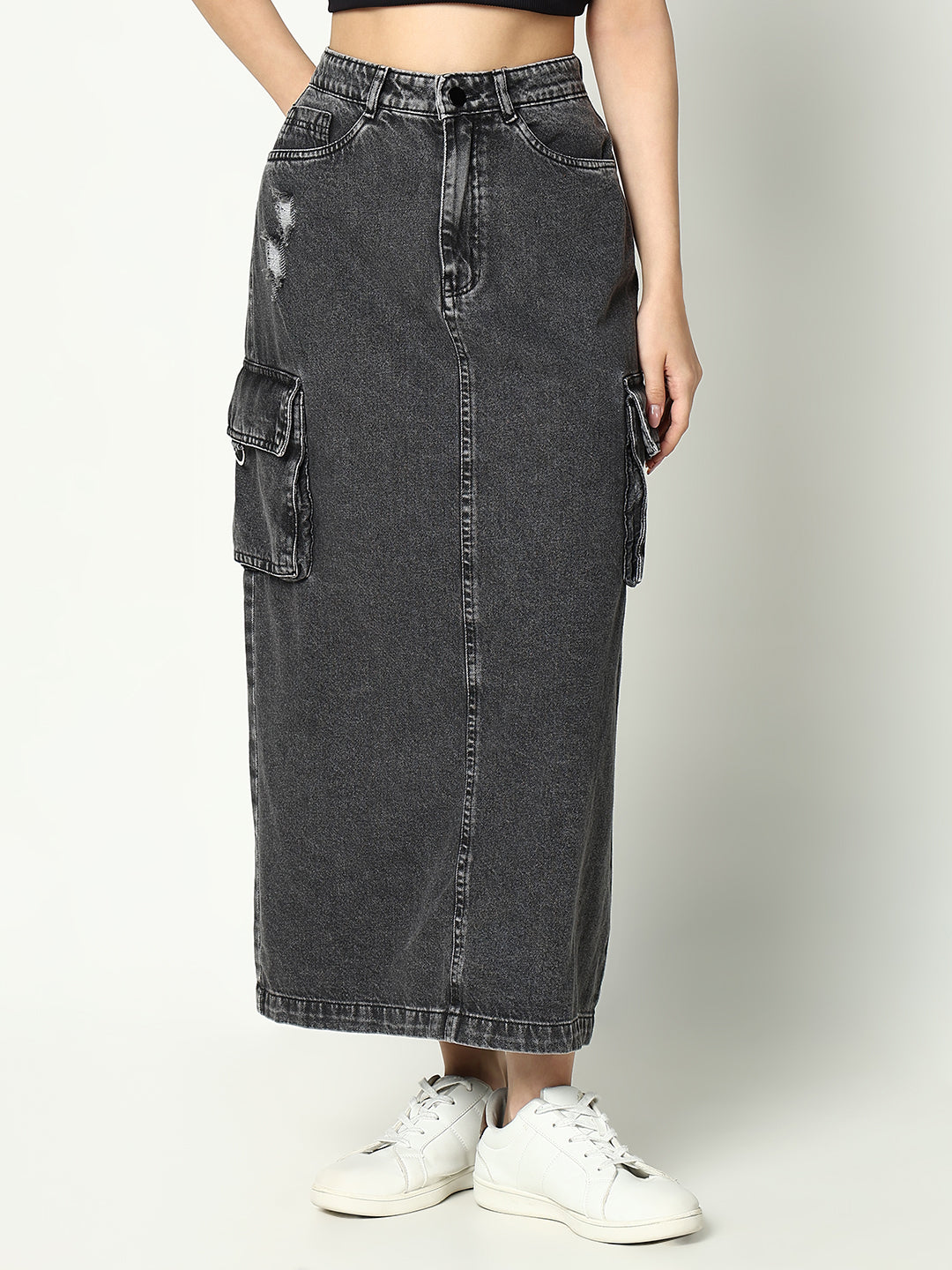 Women Solid Grey Straight Denim Skirt