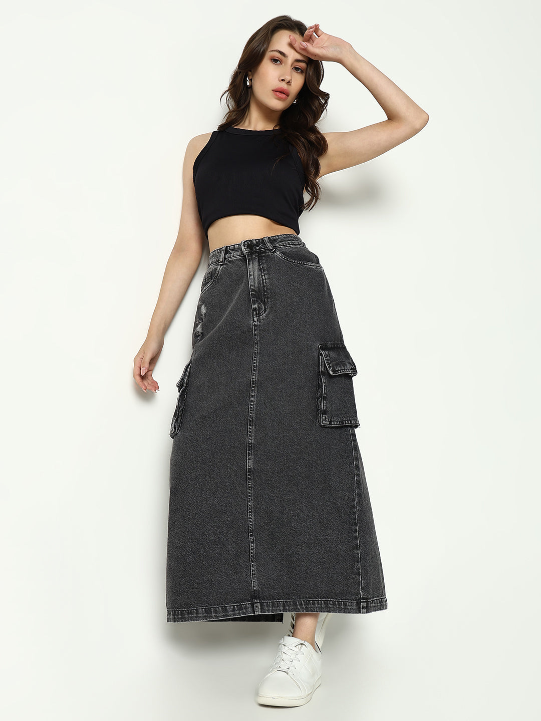 Women Solid Grey Straight Denim Skirt