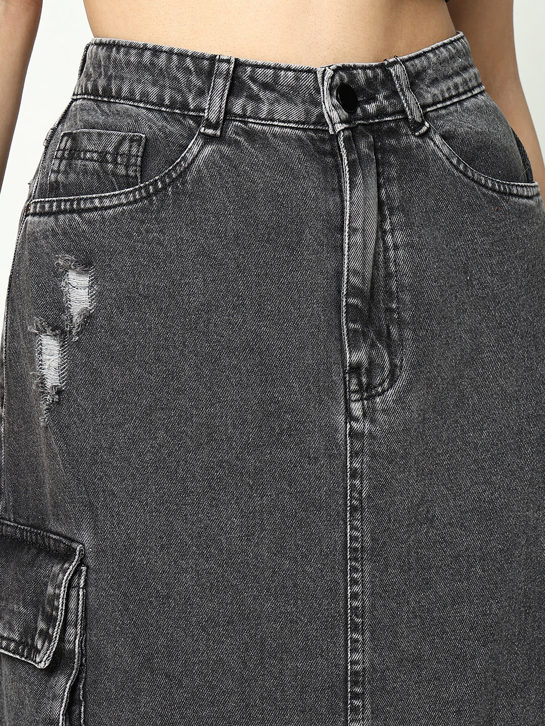 Women Solid Grey Straight Denim Skirt