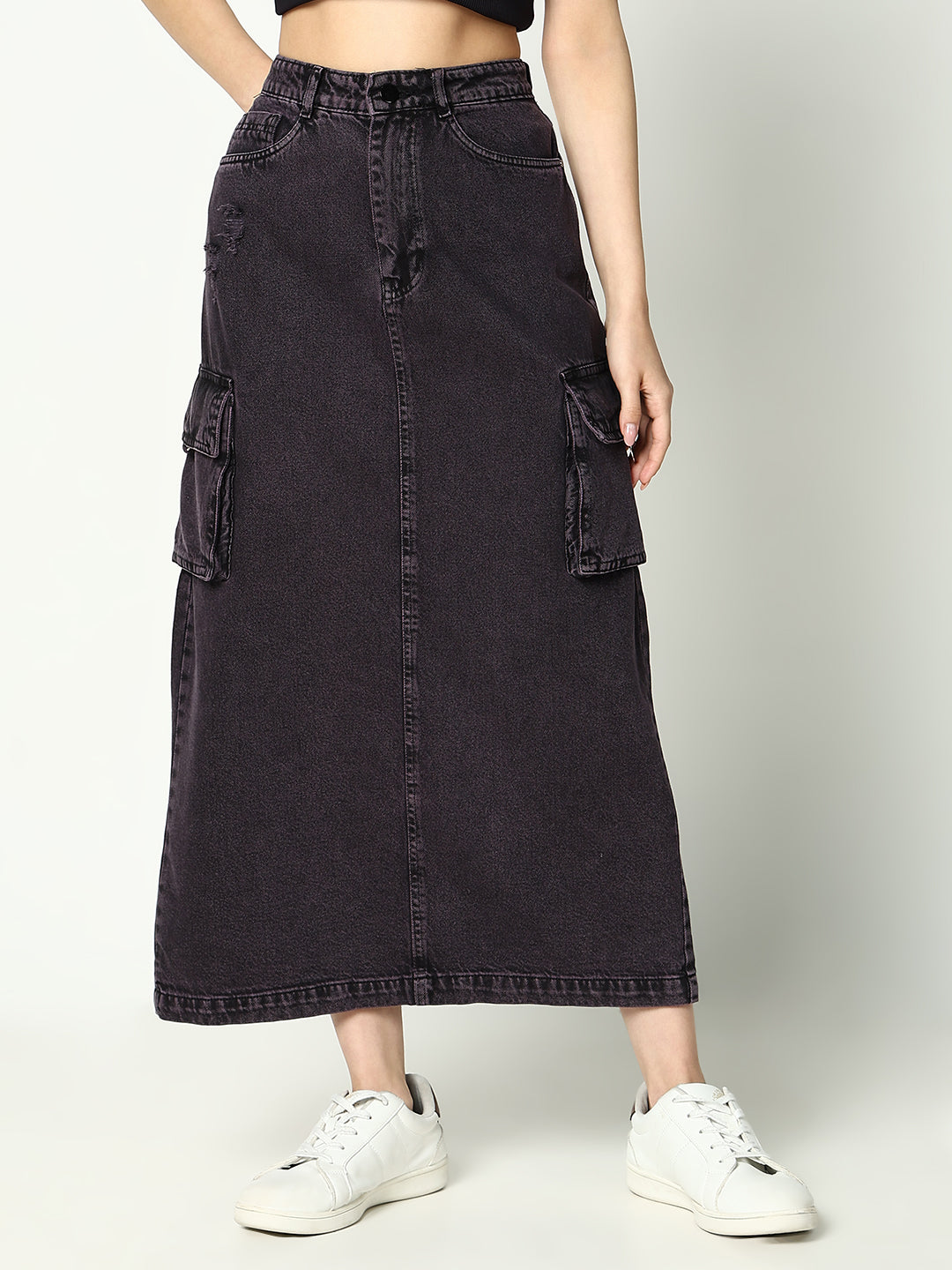 Women Solid Purple Straight Denim Skirt